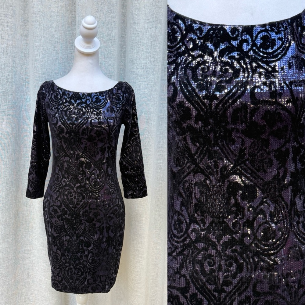 Just Cavalli black blue sequins velvet flocking long sleeve mini dress